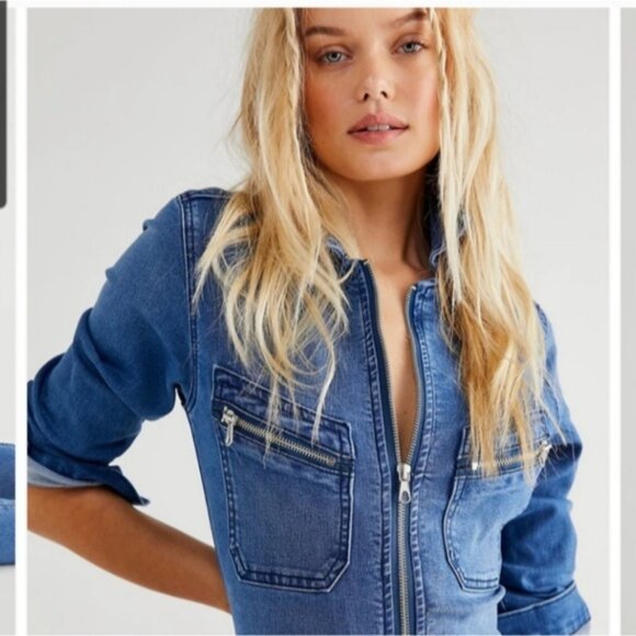 Free People Lennox Zip-Front Denim Jumpsuit XS Excellent Condition - Picture 2 of 16